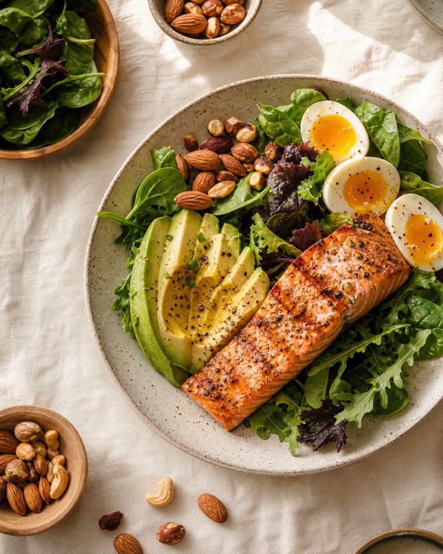 An overhead flat-lay of a whole-food, low-carb meal: grilled salmon, leafy greens, avocado, soft-boiled eggs, and nuts on warm cream linen.