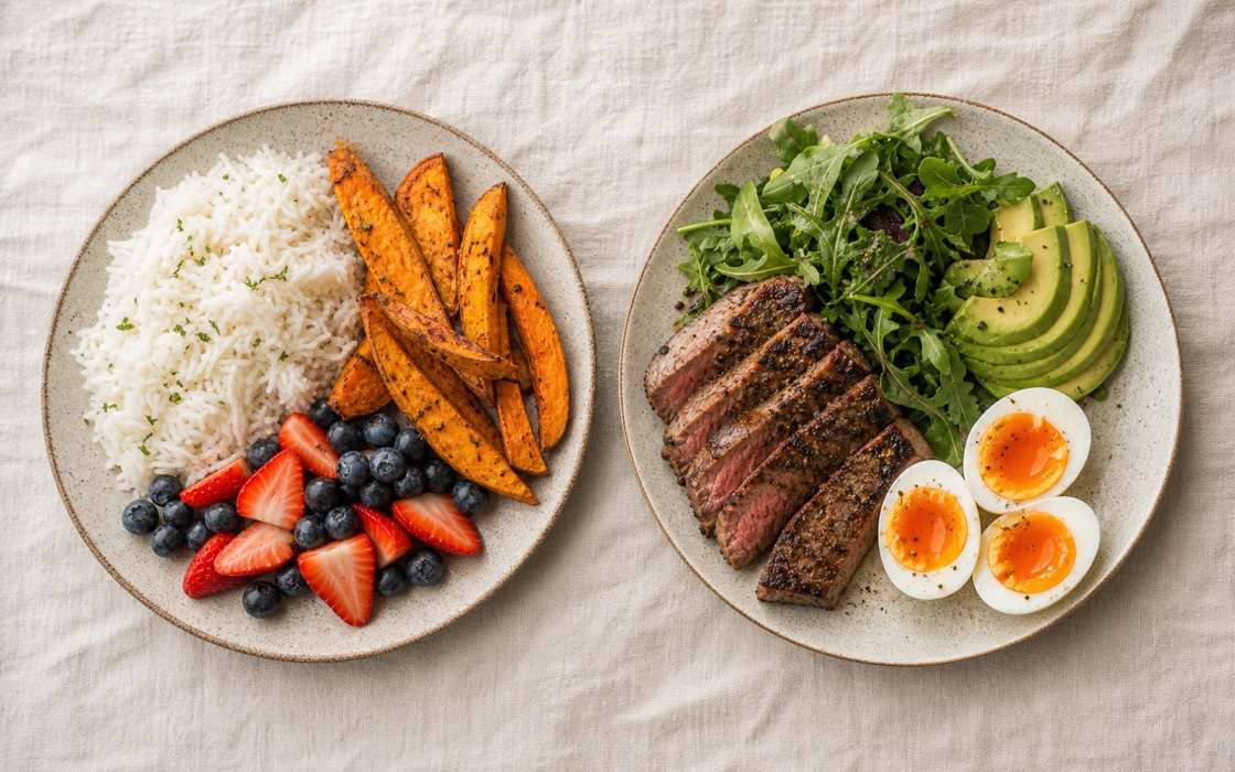 Two plates side by side on cream linen — a higher-carb plate of rice, sweet potato, and berries next to a low-carb plate of steak, greens, avocado, and eggs.